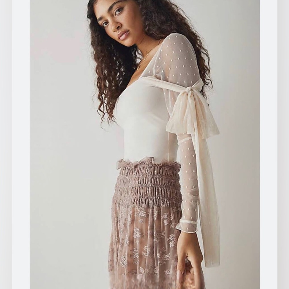 Free People Cream Sheer Sleeve Bodysuit